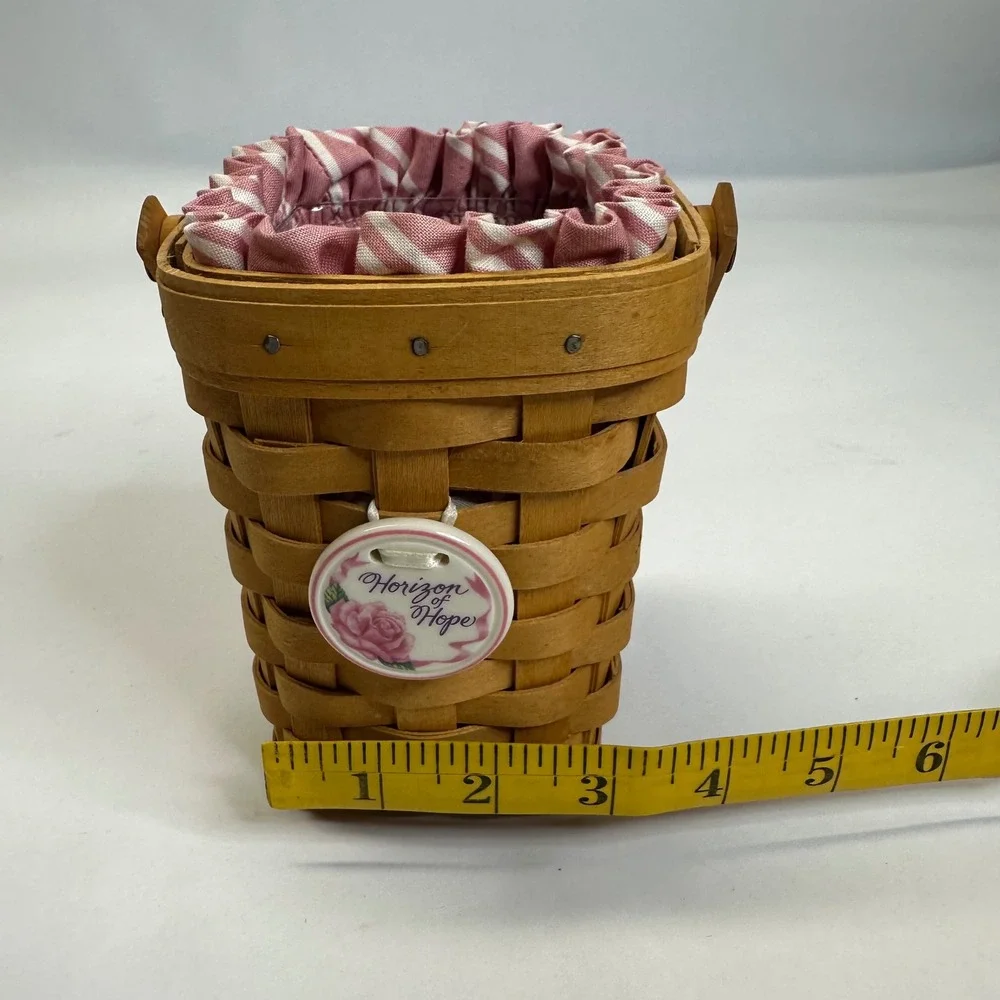 Longaberger Horizon of Hope Basket Pink Striped Liner Ceramic Rose Tie-On